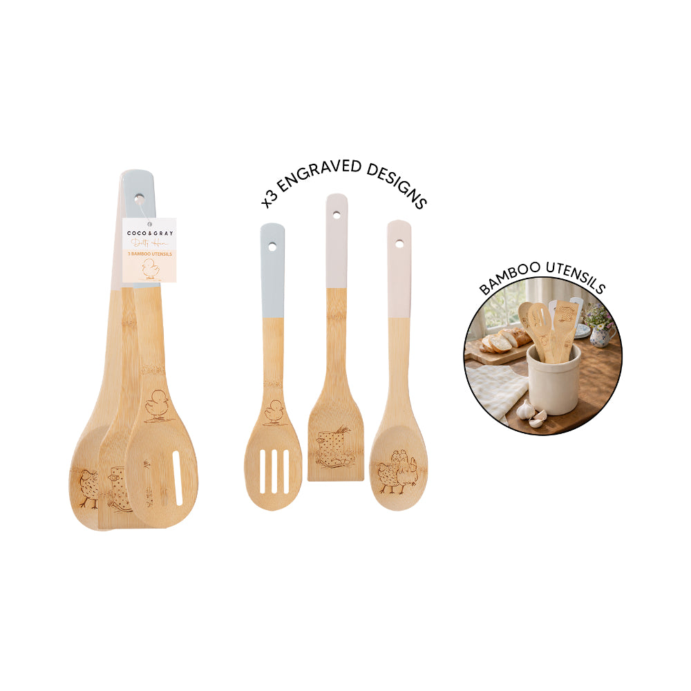 Dotty Hen Bamboo Kitchen Utensil Set - 3 Pieces, Assorted Colours