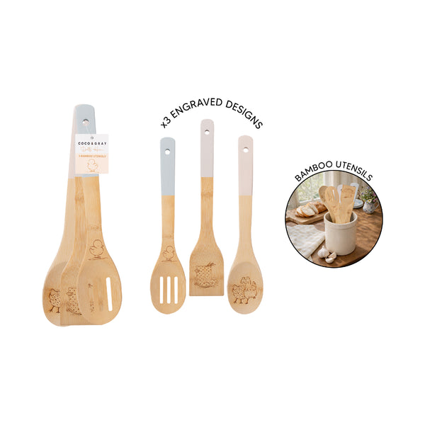 Dotty Hen Bamboo Kitchen Utensil Set - 3 Pieces, Assorted Colours
