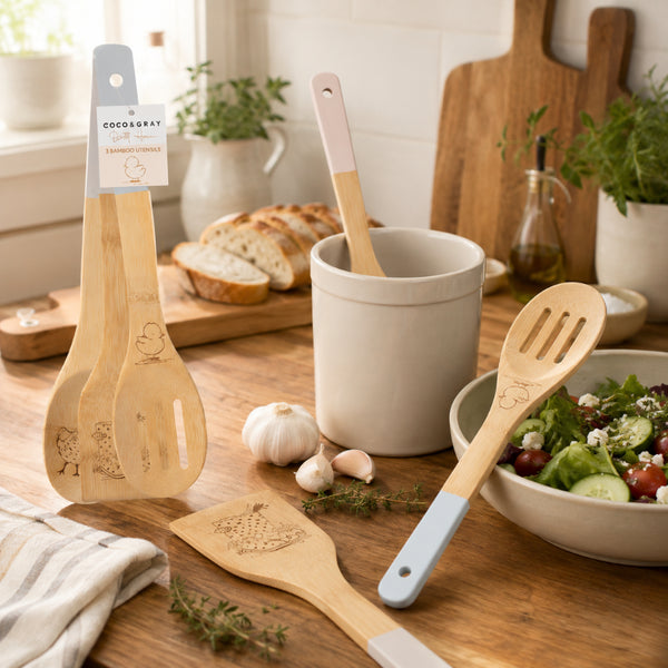 Dotty Hen Bamboo Kitchen Utensil Set - 3 Pieces, Assorted Colours