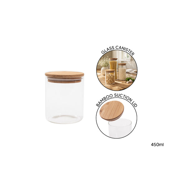 Airtight Clear Glass Storage Canister with Bamboo Lid - 450ml, Wide Opening