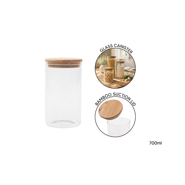 Clear Glass Food Storage Canister with Bamboo Lid - 700ml, Medium