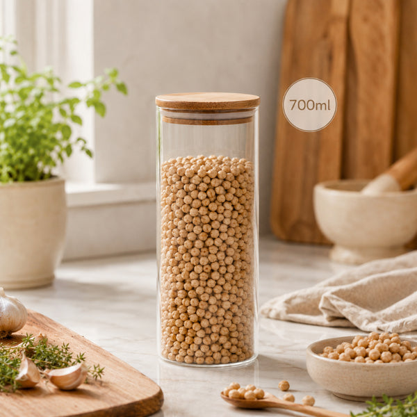 Clear Glass Food Storage Canister with Bamboo Lid - 700ml, Medium