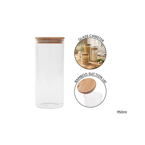 Large Clear Glass Food Storage Canister - Bamboo Suction Lid, 950ml