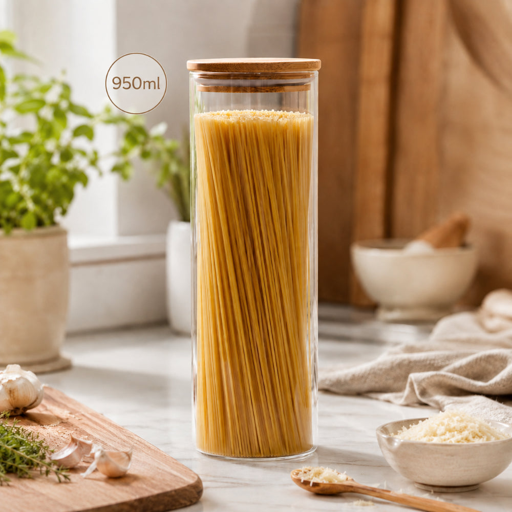 Large Clear Glass Food Storage Canister - Bamboo Suction Lid, 950ml