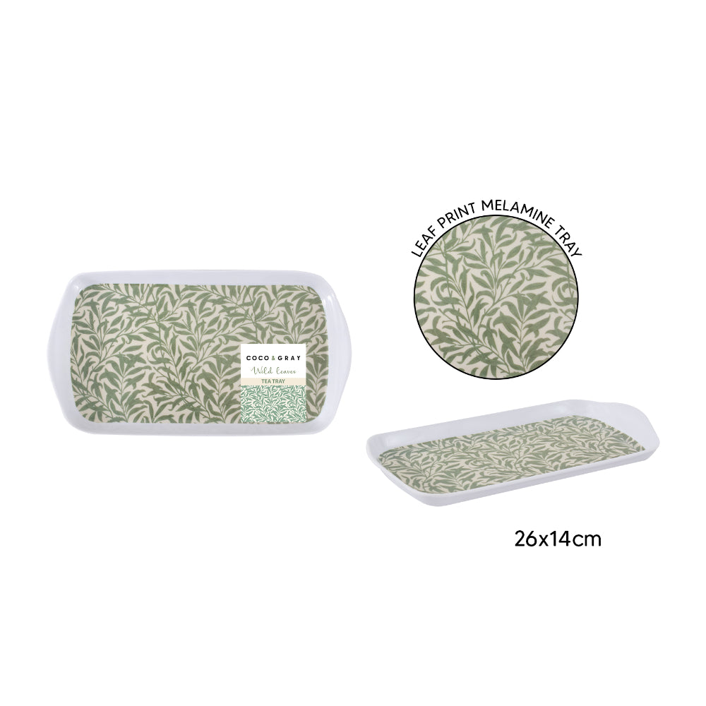 Wild Leaves Melamine Tea Tray - Sage Green Botanical Print, 26 x 14cm