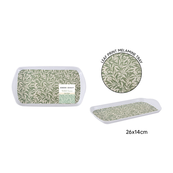 Wild Leaves Melamine Tea Tray - Sage Green Botanical Print, 26 x 14cm