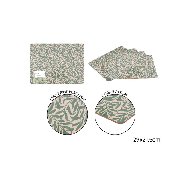 Wild Leaves Cork-Backed Placemats - Pack of 4, Green and Blush, 29 x 21.5cm
