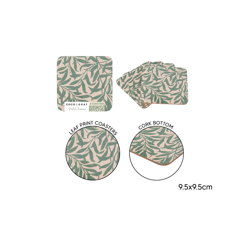 Wild Leaves Cork Coasters Pack of 4 - 9.5 x 9.5cm, Green and Blush
