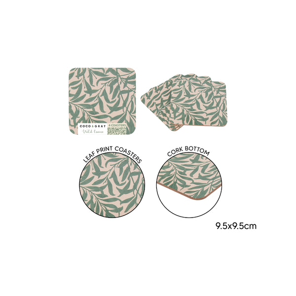 Wild Leaves Cork Coasters Pack of 4 - 9.5 x 9.5cm, Green and Blush