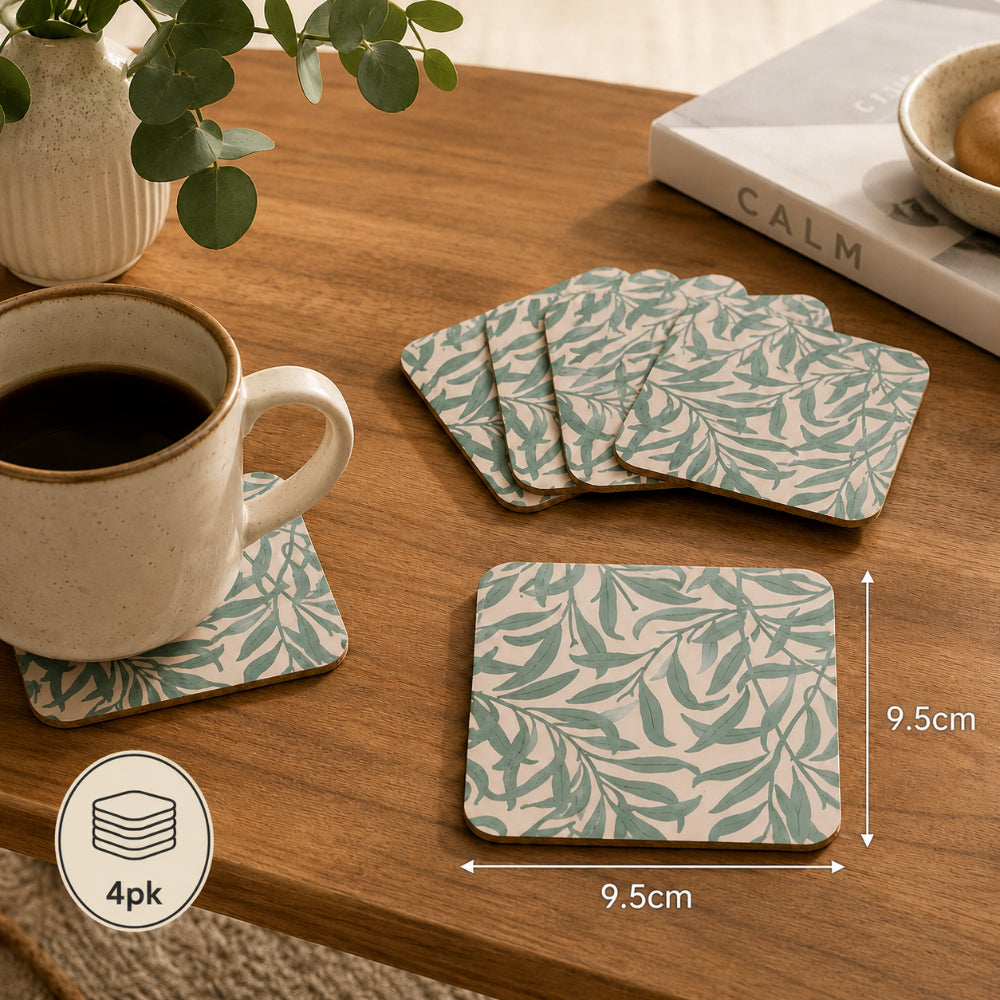 Wild Leaves Cork Coasters Pack of 4 - 9.5 x 9.5cm, Green and Blush - alternate view 2