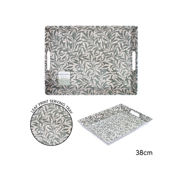 Rectangular Wild Leaves Melamine Serving Tray - 38cm, Grey and White