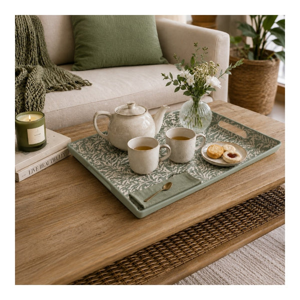 Rectangular Wild Leaves Melamine Serving Tray - 38cm, Grey and White