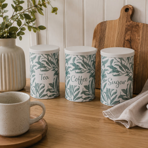 Wild Leaves Tea, Coffee and Sugar Canister Set - 3 Pieces, Sage Green