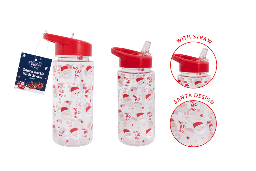 Santa Straw Water Bottle with Carry Handle - 500ml, Red Screw-Top Lid