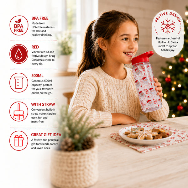 Santa Straw Water Bottle with Carry Handle - 500ml, Red Screw-Top Lid - alternate view 2