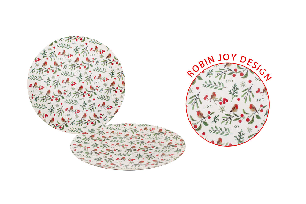 Christmas Joy Robin Charger Plate - Red and Green Botanical Design