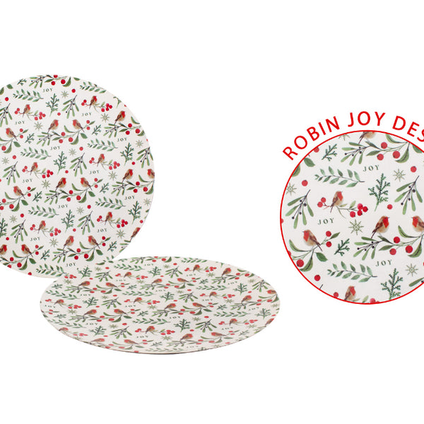 Christmas Joy Robin Charger Plate - Red and Green Botanical Design