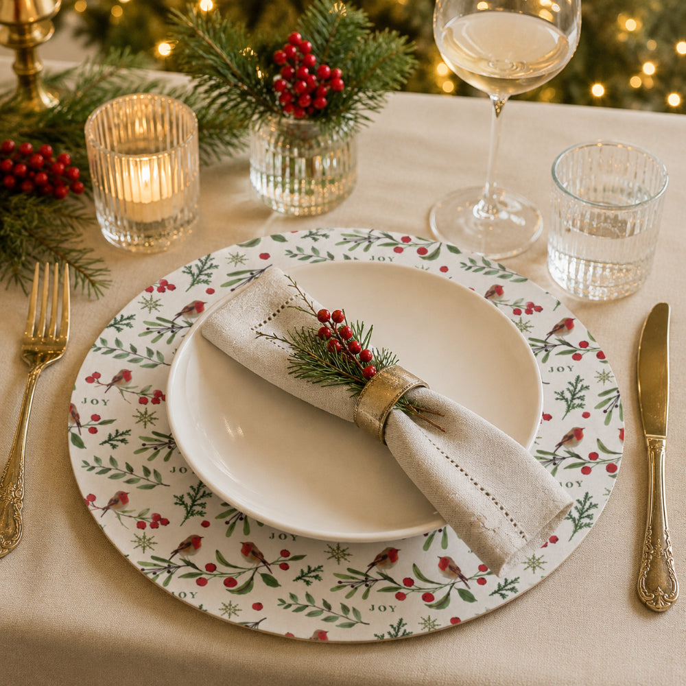 Christmas Joy Robin Charger Plate - Red and Green Botanical Design