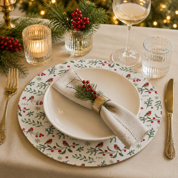 Christmas Joy Robin Charger Plate - Red and Green Botanical Design