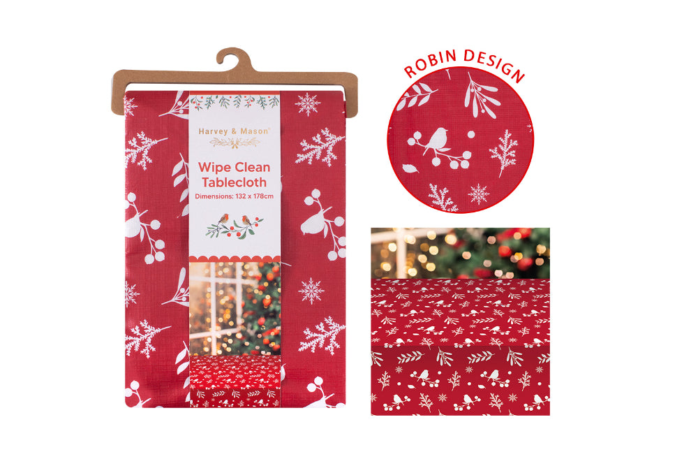 Festive Robin Wipe Clean Christmas Tablecloth - Red, 132 x 178cm