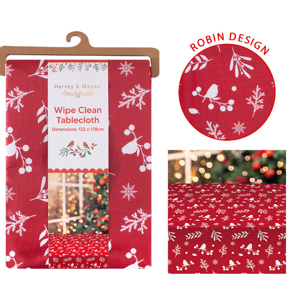 Festive Robin Wipe Clean Christmas Tablecloth - Red, 132 x 178cm