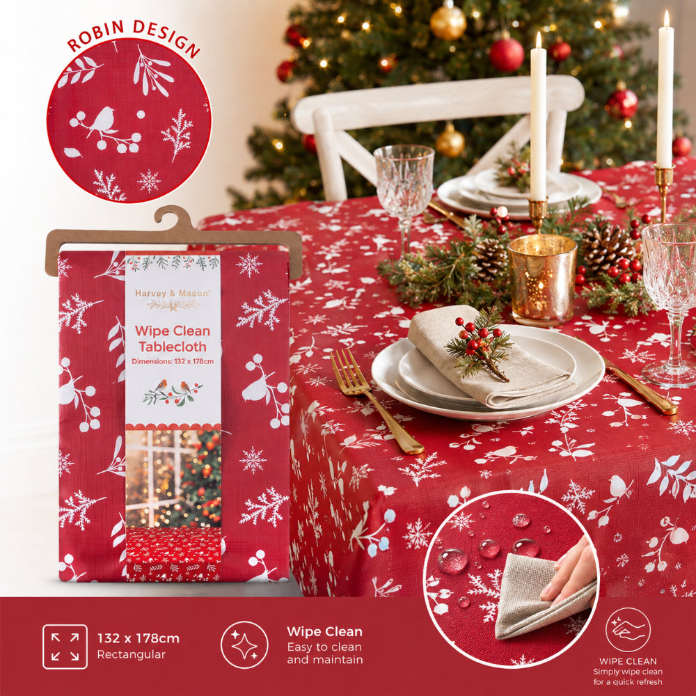 Festive Robin Wipe Clean Christmas Tablecloth - Red, 132 x 178cm