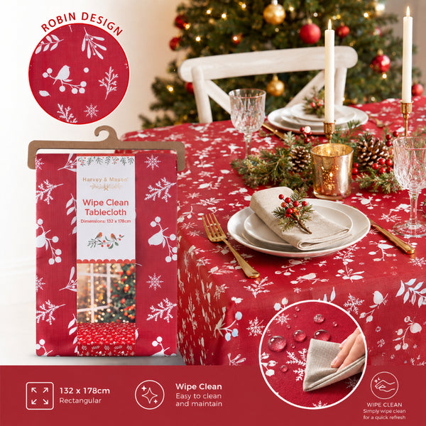 Festive Robin Wipe Clean Christmas Tablecloth - Red, 132 x 178cm