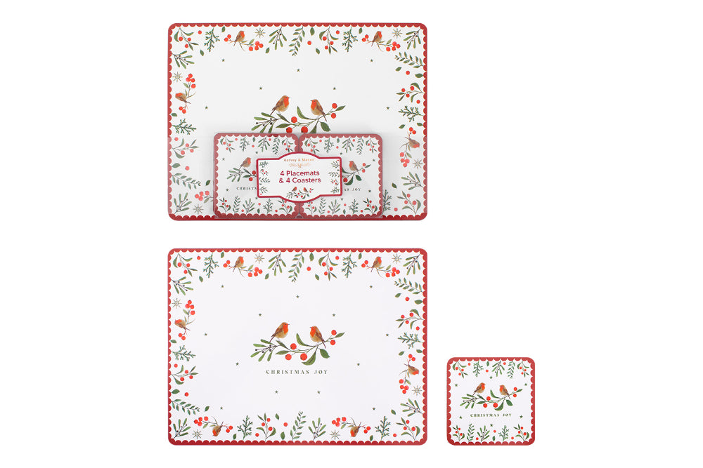 Robin Christmas Placemat and Coaster Set - 8 Pieces, Red and Green