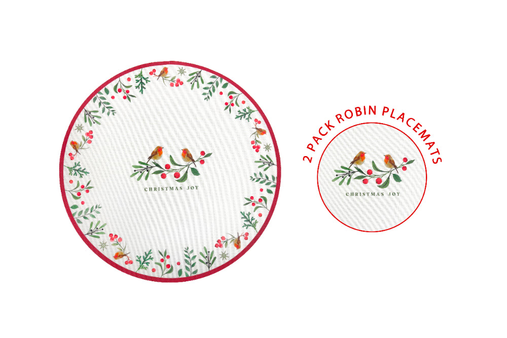 Festive Robin Printed Round Placemats - Pack of 2, Red and Green