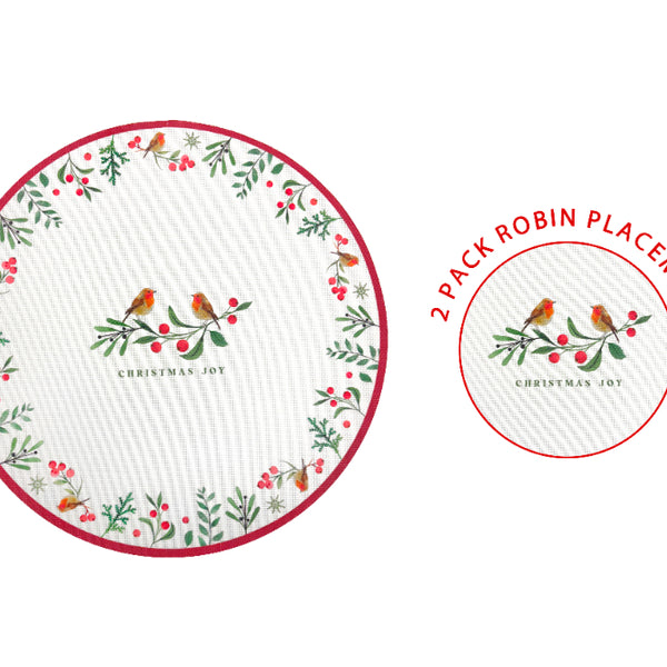 Festive Robin Printed Round Placemats - Pack of 2, Red and Green