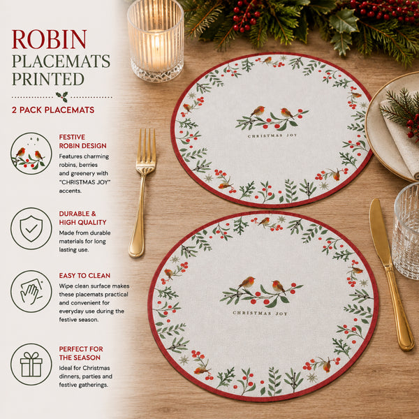 Festive Robin Printed Round Placemats - Pack of 2, Red and Green
