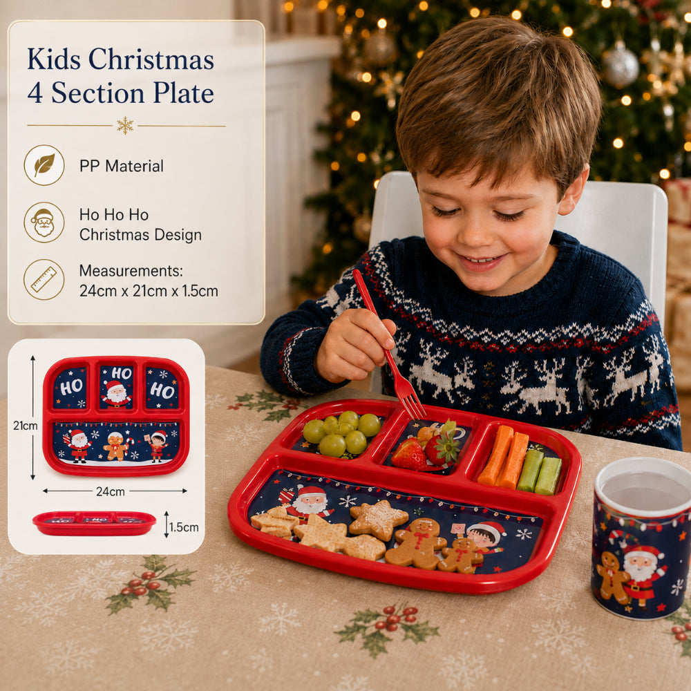 Christmas Kids' 4-Section Divided Plate - Red, Festive Characters