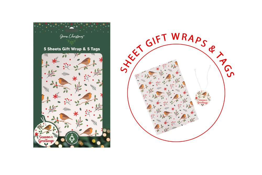 Christmas Robin Gift Wrap Sheets with Tags - 5 Sheets and 5 Tags