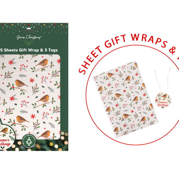 Christmas Robin Gift Wrap Sheets with Tags - 5 Sheets and 5 Tags
