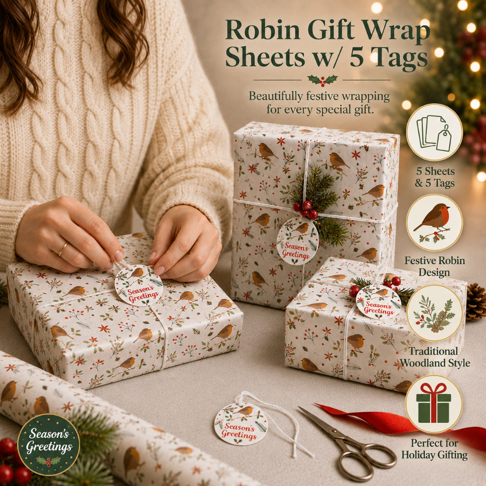Christmas Robin Gift Wrap Sheets with Tags - 5 Sheets and 5 Tags - alternate view 2