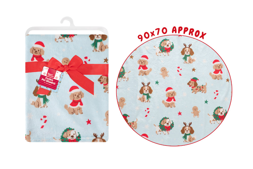 Christmas Dog Print Fleece Pet Blanket - 90 x 70cm, Light Blue