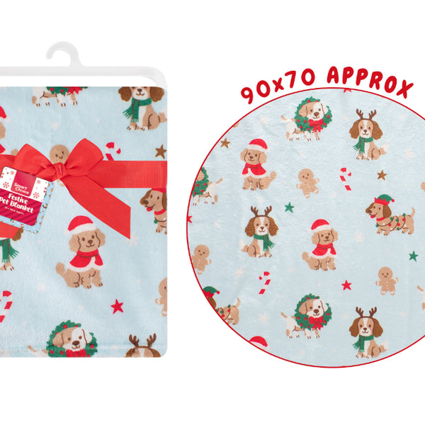 Christmas Dog Print Fleece Pet Blanket - 90 x 70cm, Light Blue