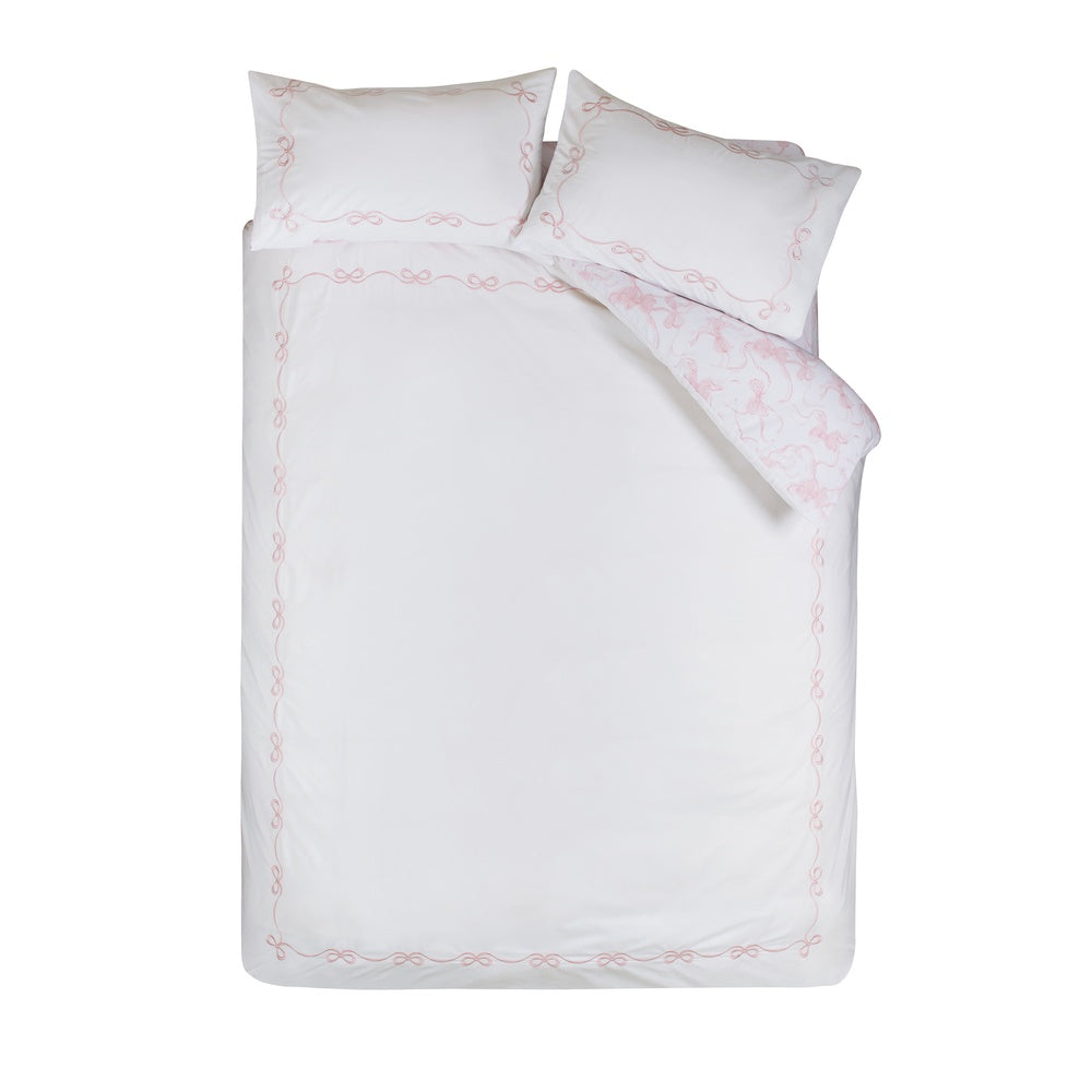 Bow Embroidery Quilt Set Double | White/Red Design
