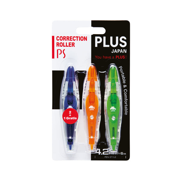 Japan Plus Correction Roller Pen | 3 Pack, 4.2mm x 6m, Assorted Colours