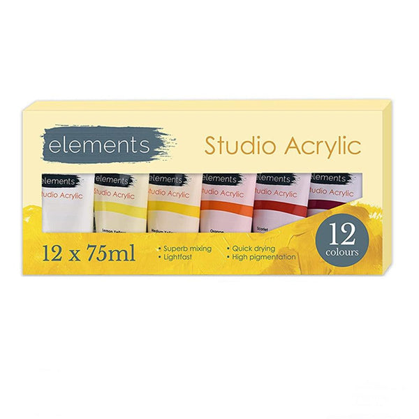 Elements Studio Acrylic Paint Set | 12 Vibrant Colours, 75ml Tubes