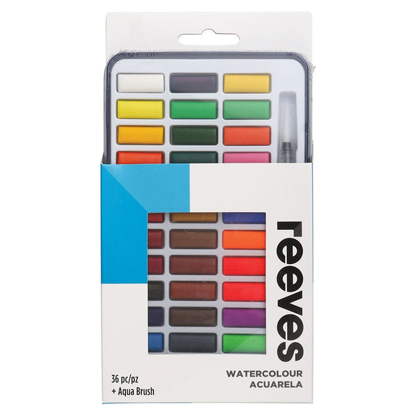 Reeves Comprehensive 36pc Water Colour Tin Set | Portable Design with Aqua Brush