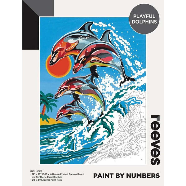 Reeves Paint By Numbers Dolphins Kit | 20 Acrylic Paint Pots & Two Brushes