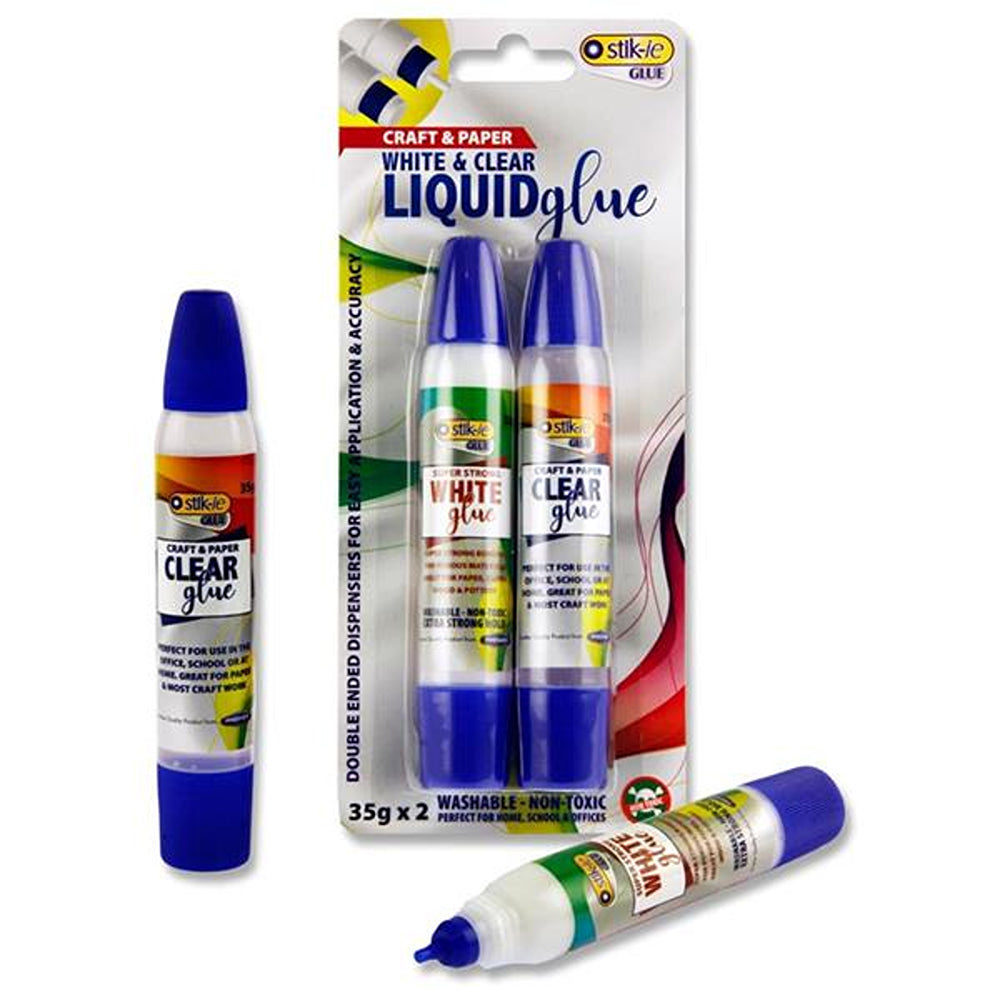 Stik-ie ie White &amp; Clear Liquid Glue Pens | 2 x 35g Pack
