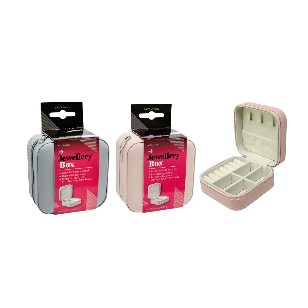 Faux Leather Travel Jewellery Box | Assorted Colours, 9 x 9 x 5cm