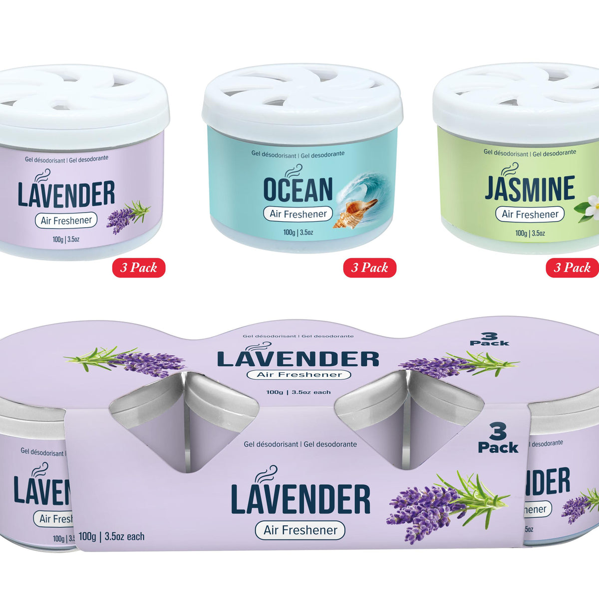 Air Freshener Gel - Ocean | Jasmine | Lavender - 3pk