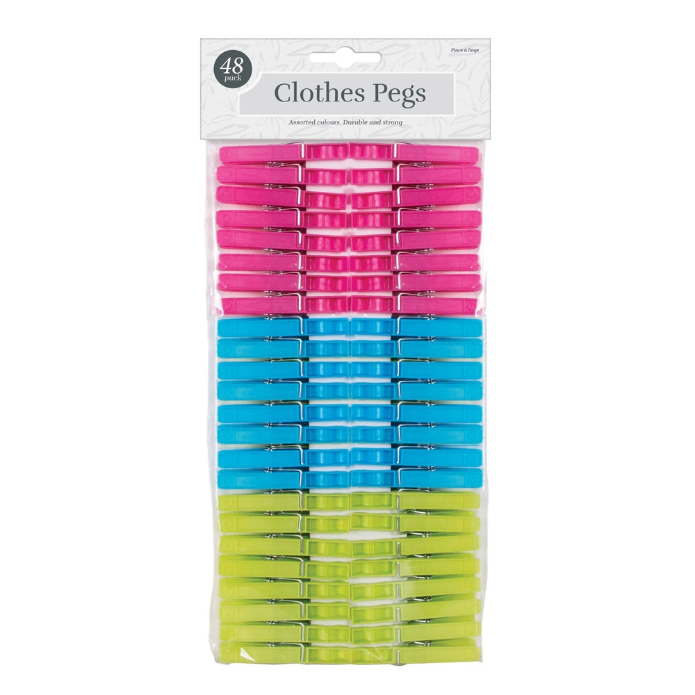 Traditional Plastic Clothes Pegs - 48 Pack - Assorted Colours