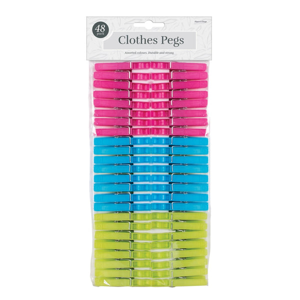 Traditional Plastic Clothes Pegs - 48 Pack - Assorted Colours