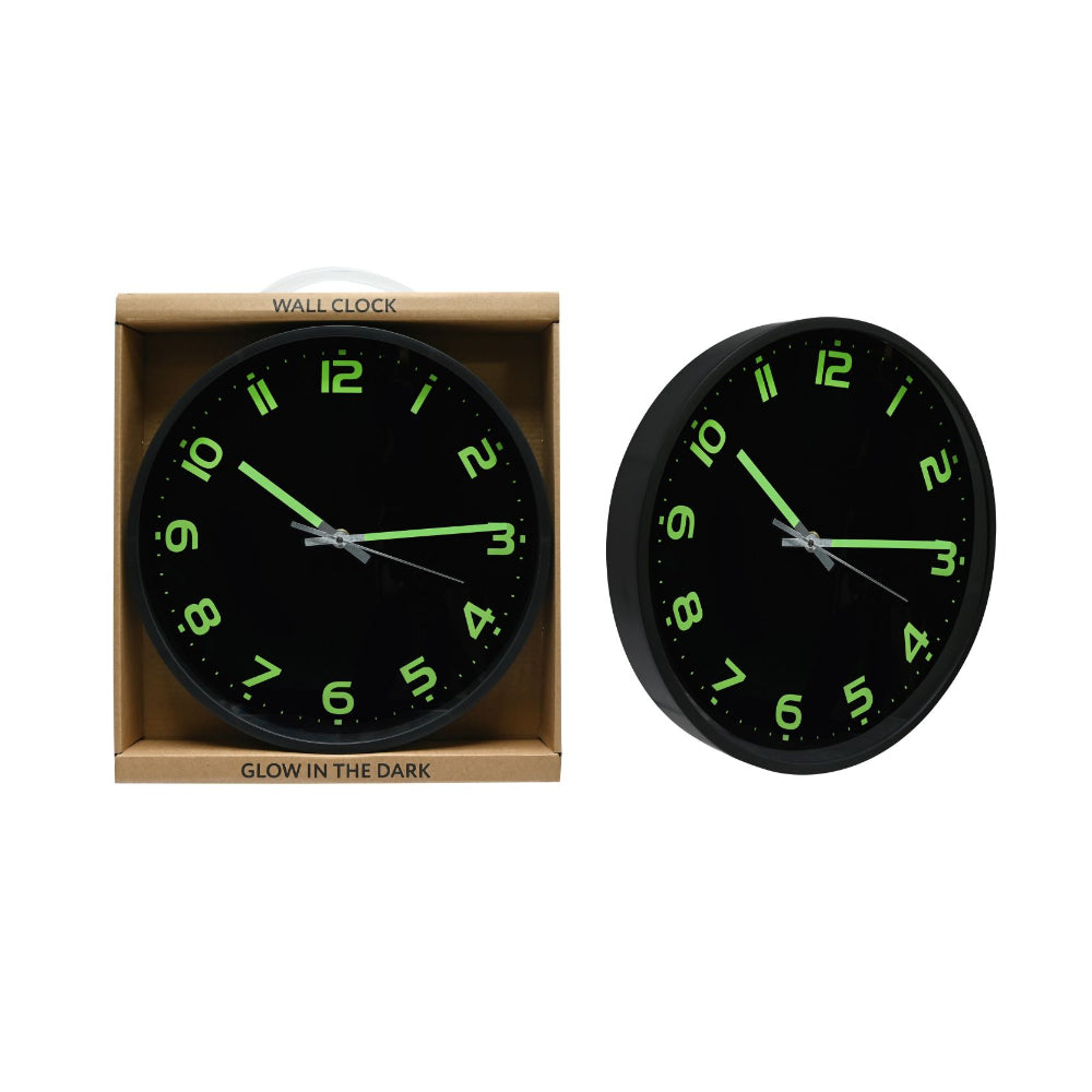 Glow-in-the-Dark Analogue Wall Clock | 30cm, Black with Green Numerals
