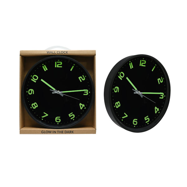 Glow-in-the-Dark Analogue Wall Clock | 30cm, Black with Green Numerals