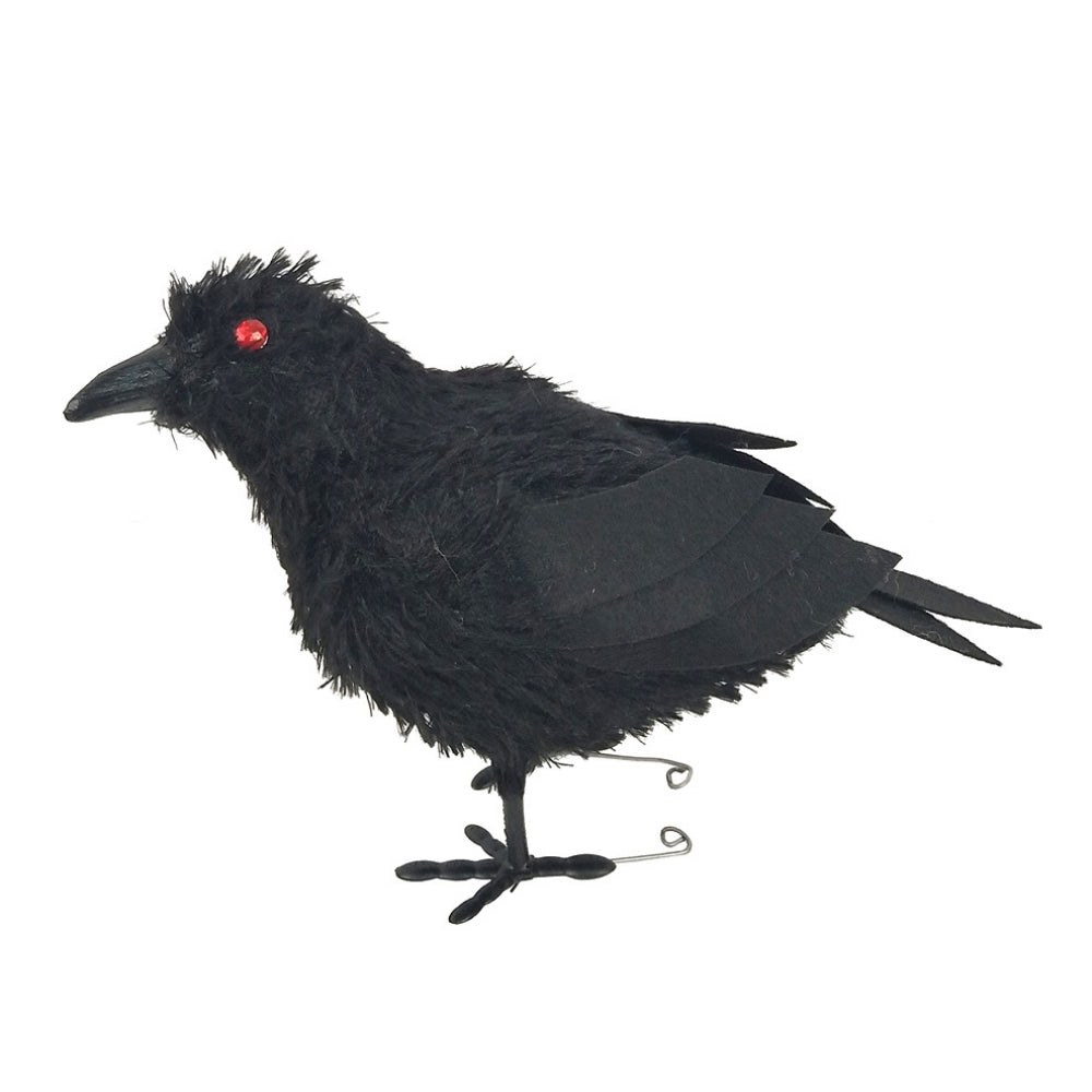 Black Feathered Halloween Crow Decoration | LED Red Eyes, 31 x 10 x 16cm